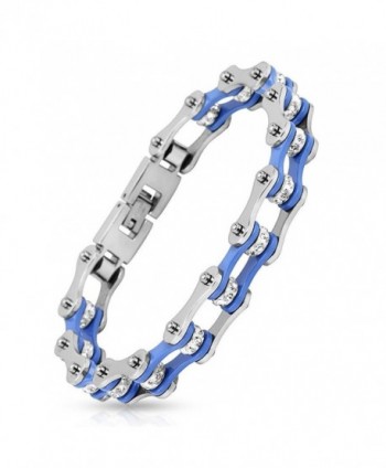 Motorcycle Chain with Blue Inner Plate Clear Gem Link Stainless Steel Biker Bracelet - 9 in (Sold Ind.) - CV11UX20MEV