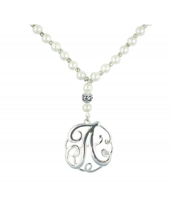 Monogram Silver Tone Charm 6mm Glass Pearl Body Necklace 30" - CN12DR1OXTT