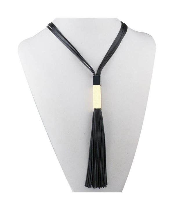 PERFIN 2015 Women Fashion Jewelry- Long Leather Tassels Necklace. (Black & Gold) - C71294LTI37