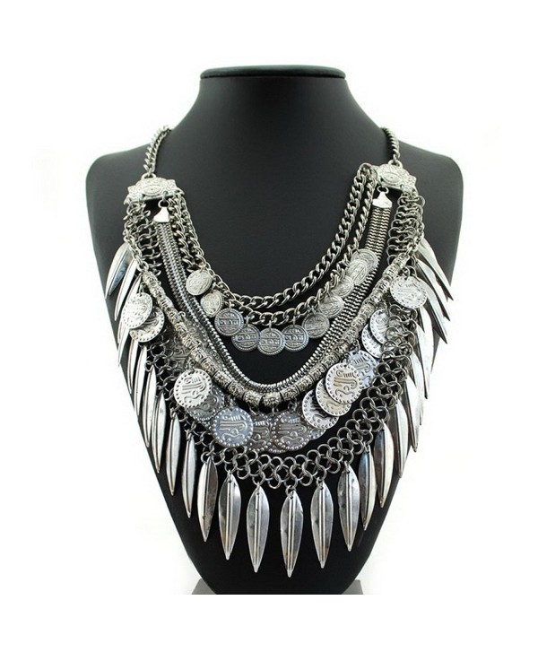 SUMAJU Statement Necklace- Leaf Coin Bohemian Turkish Chain Tassel Bib Collar Necklace For Women Jewelry - Silver - C517YY7CGME