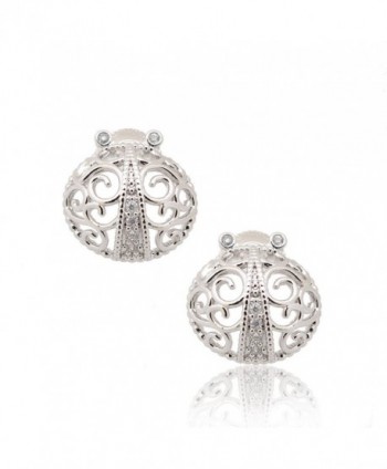 Spinningdaisy Silver Plated Pave Cubic Zirconia Filiree Lady Bug Earrings - CY110VZ7SGP