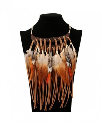 Fashion Tribal Style Feathers and Leather Tassels Charm Necklace Collar Bib for Women - Brown - CT12D6P0NIB