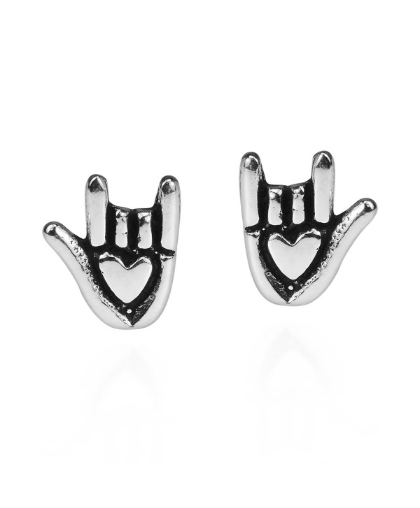 Cute LOVE Sign Language Hand .925 Sterling Silver Stud Earrings - CP11QD3YKS3