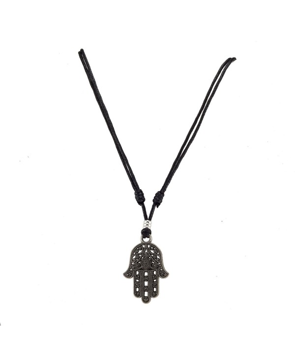Metal Hamsa Pendant on Adjustable Cord Necklace - Black - C912GHBX6D5