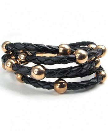 KONOV Stainless Steel Ball Charms Braided Leather Women's Bracelet- Rose-Gold Black - CZ11FJG85ZT