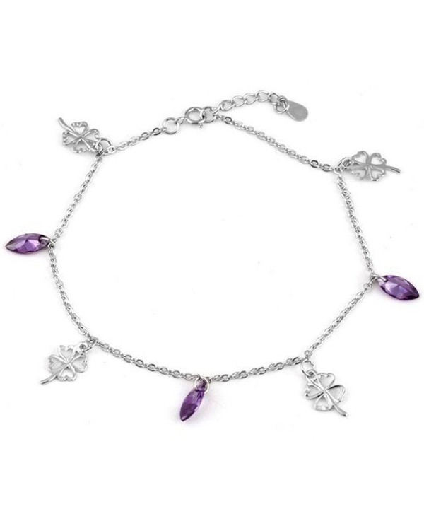 Silver Ankle Bracelet- Purple Crystal Charm Ankle Bracelet-Four Leaf Cloves Foot Jewelry bss024 - CT11FFTDWUD