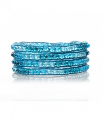 Blue MIx Crystal Wrap Bracelet Multilayer Handmade in a Genuine Blue Leather 4 mm Woven Bangle - CK124KGASEX