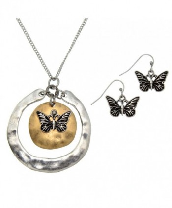 PammyJ Two-Tone Butterfly Pendant Necklace and Earring Set- 24" + 2.5" ext. - CP17Z3GREUL