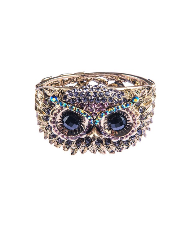 Alilang Womens Antique Golden Owl Face Crystal Rhinestones Cuff Bracelet - Purple - C517YH8XDX5