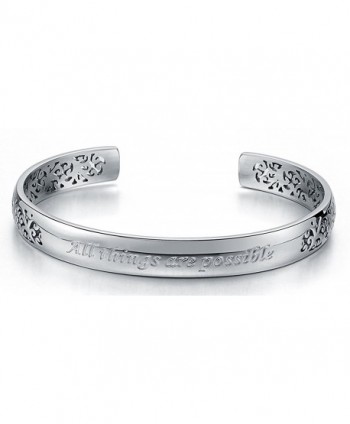 Polished Silver Hollow-out "All Things Are Possible" Stainless Steel Cuff Bangle Bracelet - CG11M0Z8P25