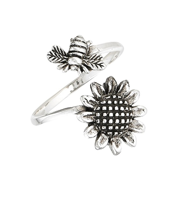 Open Adjustable Bee Sunflower Flower Thumb Ring Sterling Silver Band Sizes 6-10 - CA18205ILQA