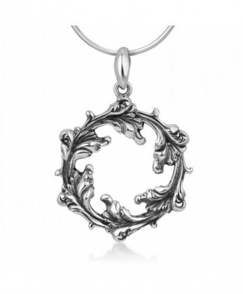925 Sterling Silver Open Filigree Divine Leaf Leaves Vine Round Vintage Pendant Necklace 18" - C412NU99VFZ
