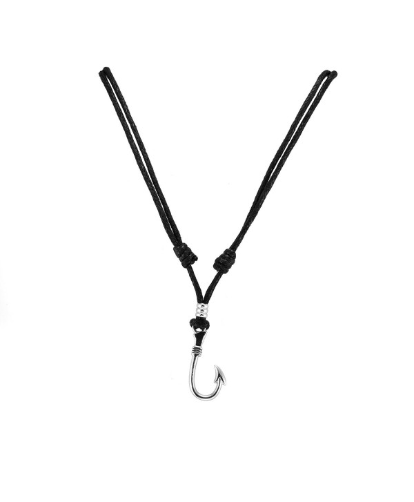 Fish Hook Pendant on Adjustable Black Rope Cord Necklace - CH12D8V1P0N