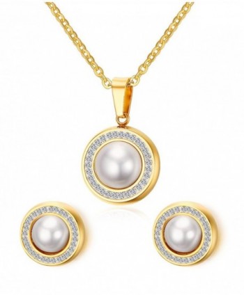 Fashion Gold Plated Stainless Steel Round Shaped Pearl Set Pendant Stud Earrings Necklace Jewelry Set - CF12OD349BZ