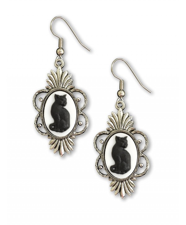 Gothic Black Cat Cameo in Silver Finish Pewter Frame Dangle Earrings - C912D8V19AX
