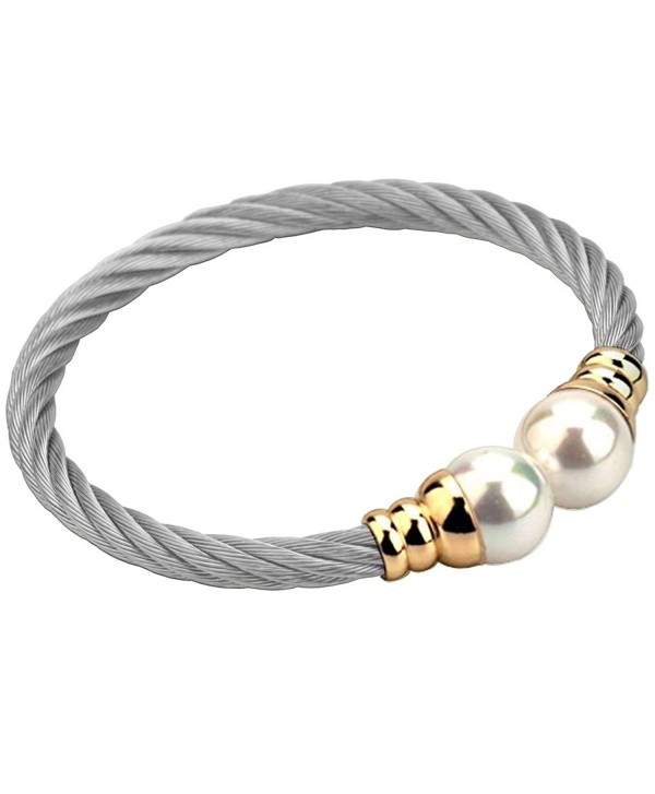CHRAN Silver Stainless Steel Twisted Cable Cuff Bangle Bracelet Simple Round Pearl Women Jewelry 7.4 - CN1856AS07Y