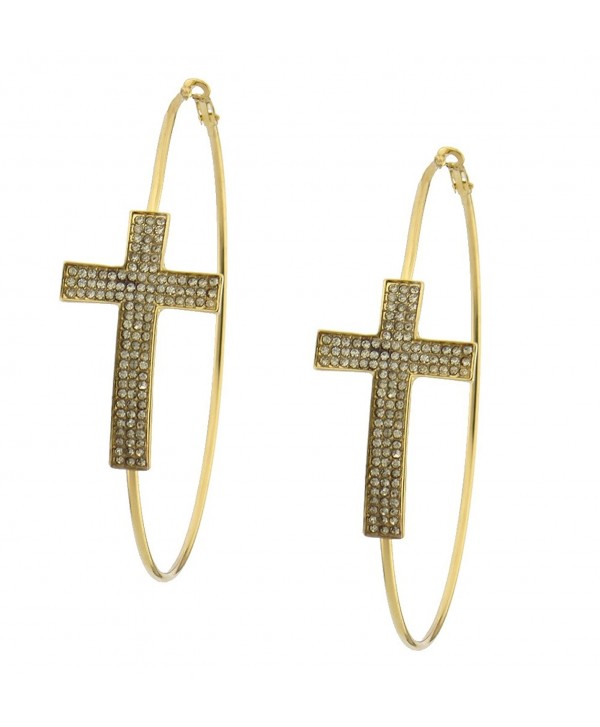 Large 3.5 inches round hoop earrings with crystal pave cross on the side - CJ11SG4NQ2D