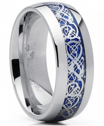 Men's Women's Stainless Steel Ring Band- Blue Carbon Fiber Inlay and Dragon Design- 8mm Comfort Fit - CI189K9UMLM