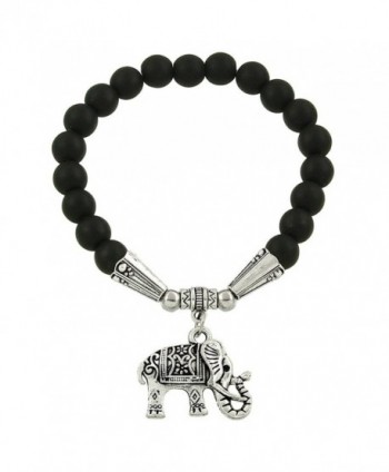 Falari Elephant Lucky Charm Natural Stone Bracelet Fog Black Agate B2448-FB - C9124HGMWSH