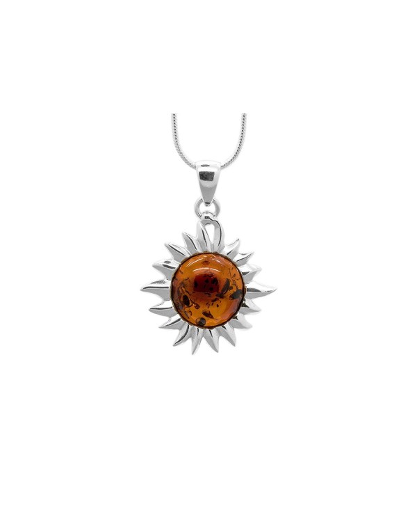 925 Sterling Silver Flaming Sun Pendant Necklace with Genuine Natural Baltic Amber. Chain included - Cognac - CH12KKDN0A9
