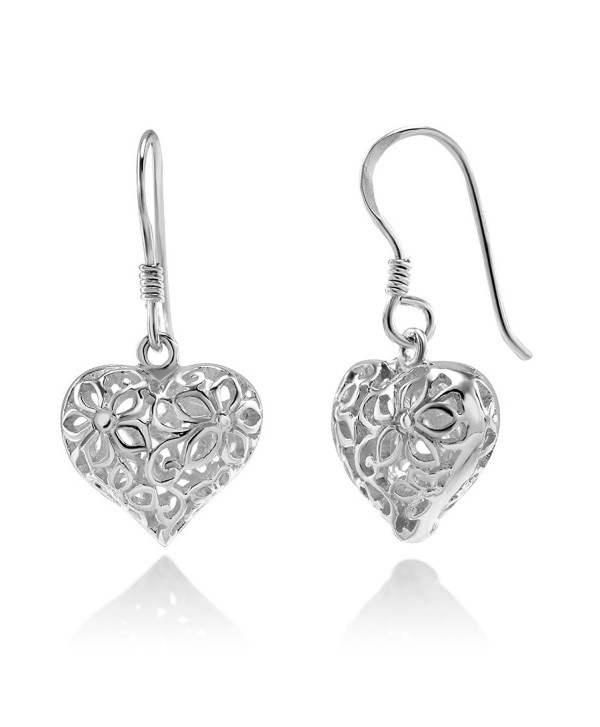 925 Sterling Silver Filigree Flora Flower Open Puffed Heart Dangle Hook Earrings - CA11W4IXE97