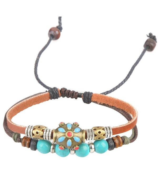 Ancient Tribe Women's Adjustable Hemp Leather Bracelet Turquoise Beads - CS11AS8GF5T