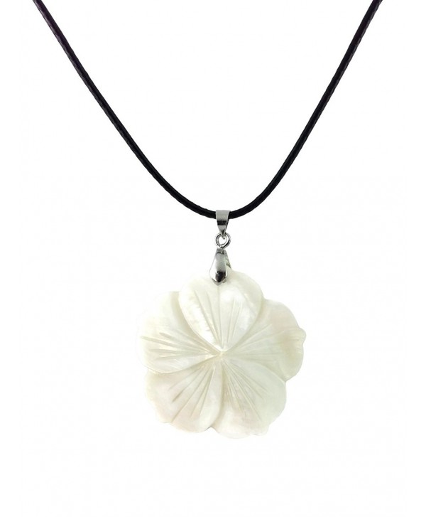 Dastan Necklace with Freshwater White Flower Natural Shell Pendant on Black Leather Cord - C512NRQDLVA