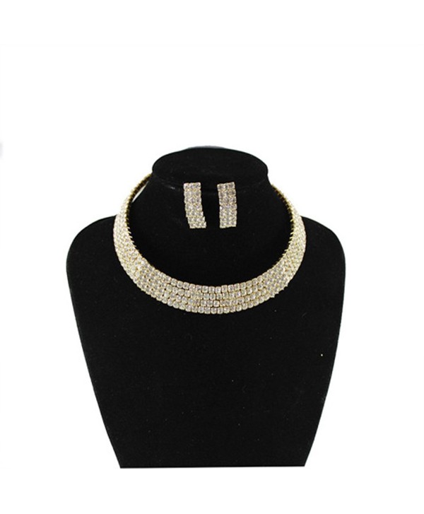 Clear 4 Row Elastic Flexing Rhinestone Choker Necklace and Earrings Jewelry Set in Gold-Tone - CC11VVFXB5B