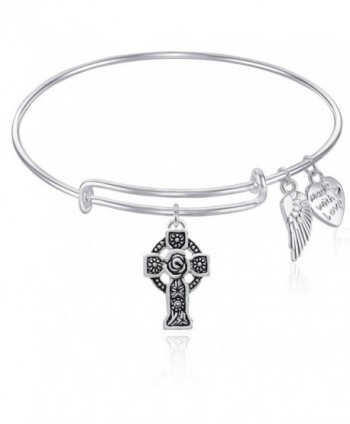 Expandable Wire Bangle Bracelet with Celtic Cross Charm and Angel Wing Charm Silver Finish GIFT BOXED - C8127O4GLYZ
