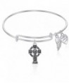 Expandable Wire Bangle Bracelet with Celtic Cross Charm and Angel Wing Charm Silver Finish GIFT BOXED - C8127O4GLYZ