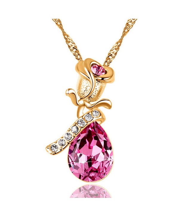 Rose Flower Pendant Necklace 18K Gold Plated with Red Austria Crystal Necklace Gift for Womens Jewelry - CK182ANNGS4