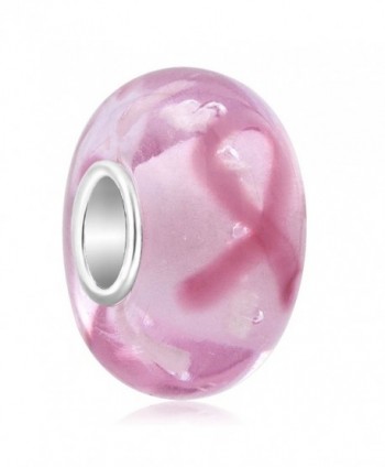 Q&Locket Sterling Silver Core Pink Ribbon Breast Cancer Awareness Murano Glass Bead For Bracelet - CJ12MYLBXTU