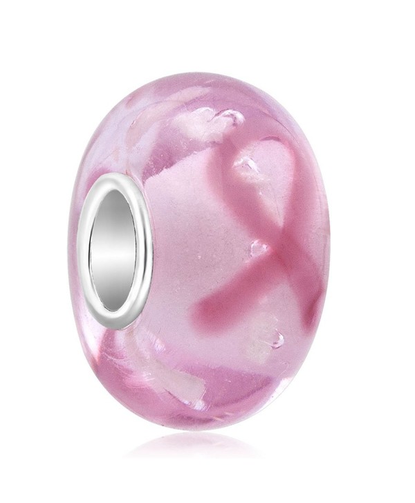 Q&Locket Sterling Silver Core Pink Ribbon Breast Cancer Awareness Murano Glass Bead For Bracelet - CJ12MYLBXTU