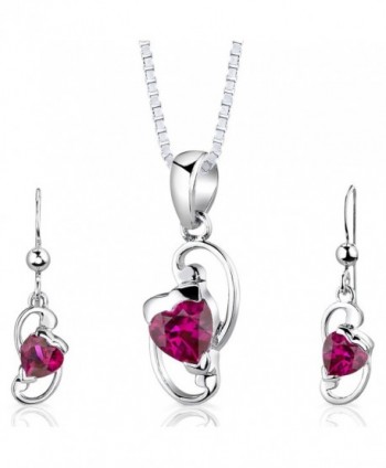 Sterling Silver Rhodium Nickel Finish Heart Shape Created Ruby Pendant Earrings and 18 inch Necklace Set - CA112SVKWQX