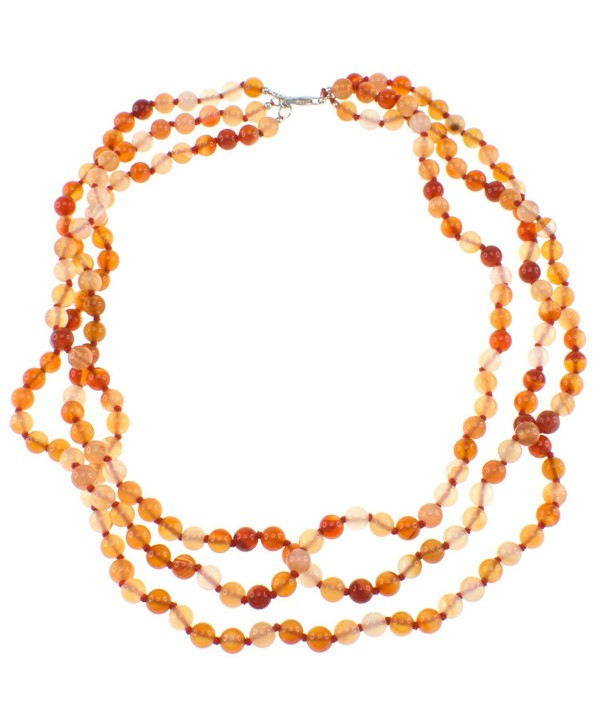 Triple Strand Knotted Carnelian Beaded Fashion Necklace with Sterling Silver Clasp Jewelry for Women - CG11LKL0SYN