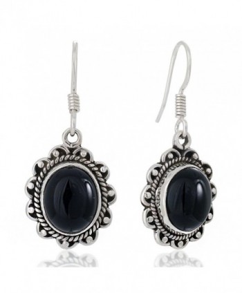 925 Oxidized Sterling Silver Natural Gemstone Oval Rope Edge Vintage Dangle Earrings 1.4" - Onyx - CS127VWT8EP