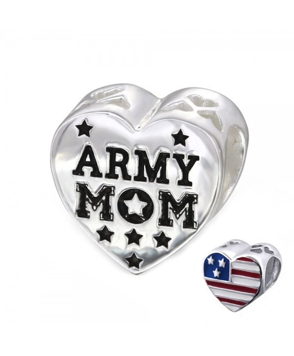 Army Mom Bead Charm USA Flag Heart Bead Sterling Silver (E10310) - CT11KO599HX