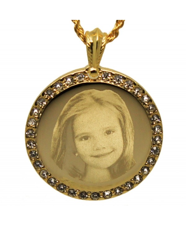 Personalized Photo Engraved Crystal Inlaid Round Pendant Necklace - Free Engraving Included - C912KV7LXNB