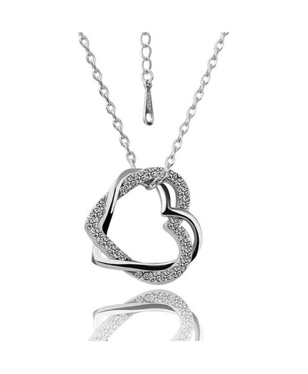 Focus Jewel Double-Heart Intertwining Necklace with Blue Rhinestones Charm Hammered Link Chain 3 colors - Silver - CP12GKMKEQD