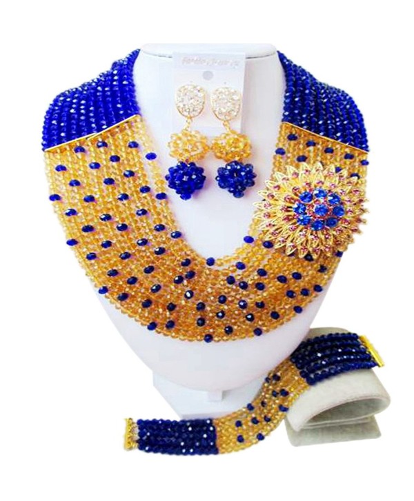 laanc Fashion Nigerian Wedding African Beads 10 Rows Blue and Gold Champagne Jewellery sets - CI12O1A1NGJ