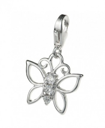 Rhodium on 925 Sterling Silver Butterfly Cz Crystal Dangle Clasp European Lobster Clip On Charm - C611D31EI67