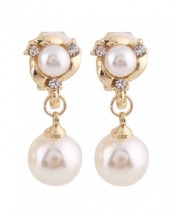 Grace Jun Luxury Gold-tone or Silver-tone Clear Crystal White Simulated Pearl Clip-on Drop Earring - gold - CG182EZUK48