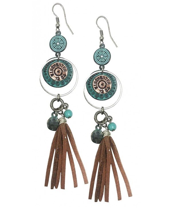 Western cowgirl rodeo Brown suede earrings with winchester coin and turquoise bead - PATINA - CB189TKODN7