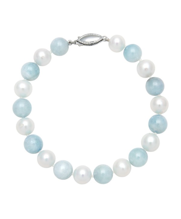 Sterling Silver White Cultured Freshwater Pearl and Beaded Milky Aquamarine Strand Bracelet- 7.5" - C1115W0QVY9