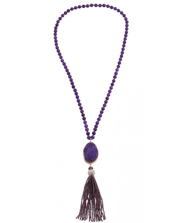 Colored Amethyst Gemstone Bead Long Necklace with Bohemian Tassel Pendant Statement Long Necklace - Purple - CO12O4ZBAAU