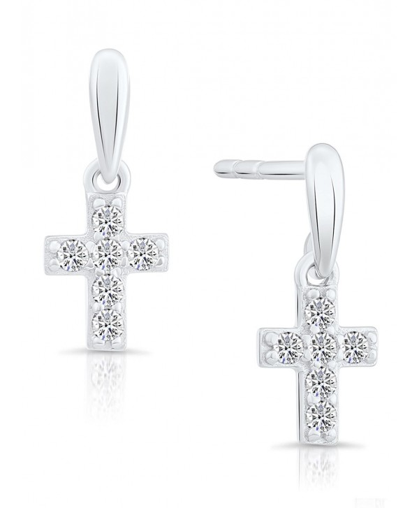 Tiny Sterling Silver Cubic Zirconia Cross Dangle Drop Small Stud Earrings - CX185ASR00E