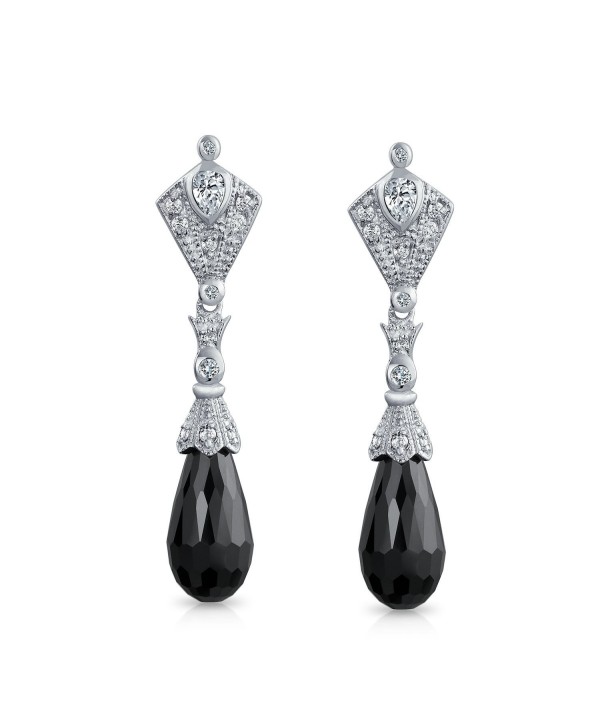 Bling Jewelry .925 Silver CZ Art Deco Style Black Glass Briolette Drop Earrings - CQ1156X1P6B