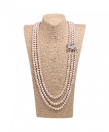 ART KIM Princess Rhinestone Bow Pearl Strands Necklaces (3 Layers White) - CE12L83I2OF