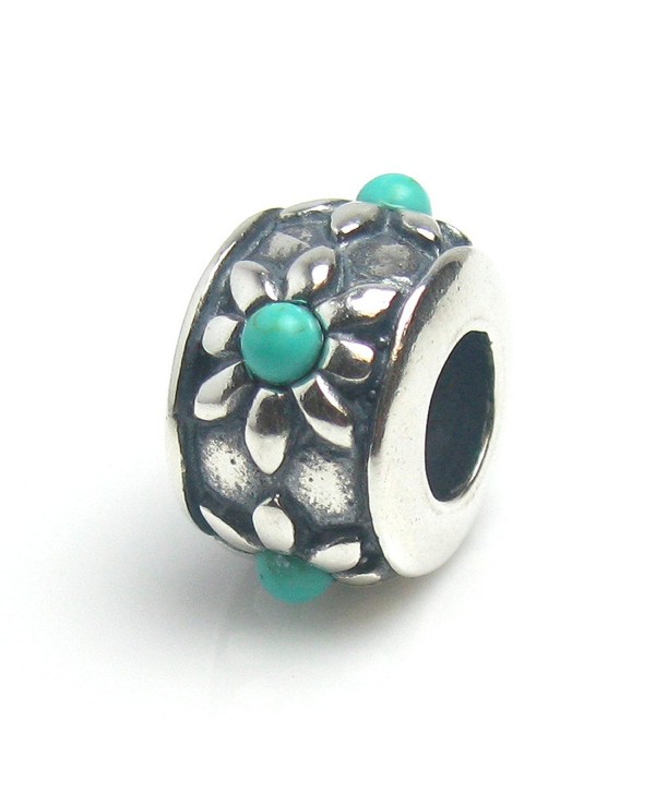 Sterling Silver Round Synthetic Turquoise Bead Stone Flower For European Charm Bracelets - CJ11L1H5HUL