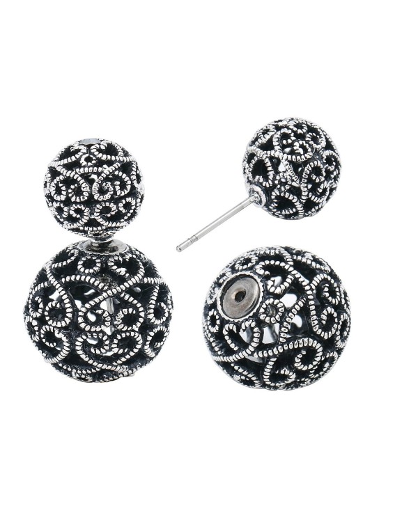 She Lian Double Sided Front Back Round Hollow Ball Earrings - Type 3-Antique Silver Tone - CW12HNC7QX3